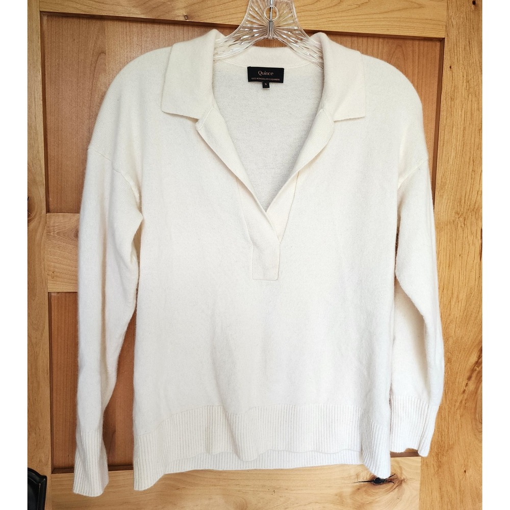 Quince 100% Cashmere SMALL Cream Ivory V Neck Old Money Preppy Sweater